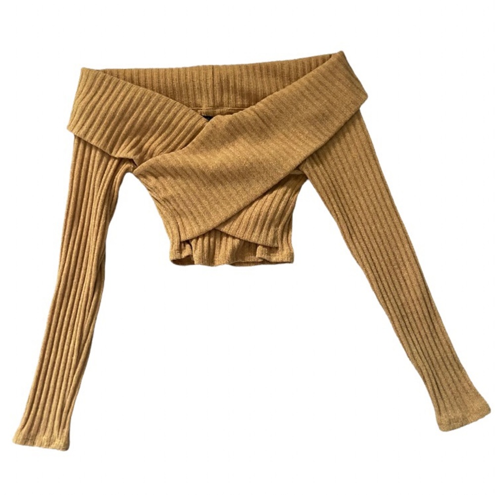 Fashion Nova Mustard Off-the-Shoulder Long-Sleeve Crop Top Size XS
